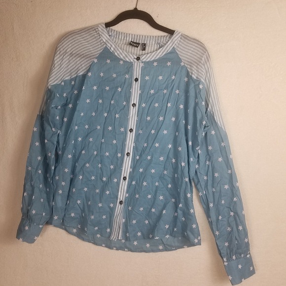 Cruel Denim Tops - Cruel Denim Button Down Blouse Womens M Blue Star Stripe Excellent Mixed Media